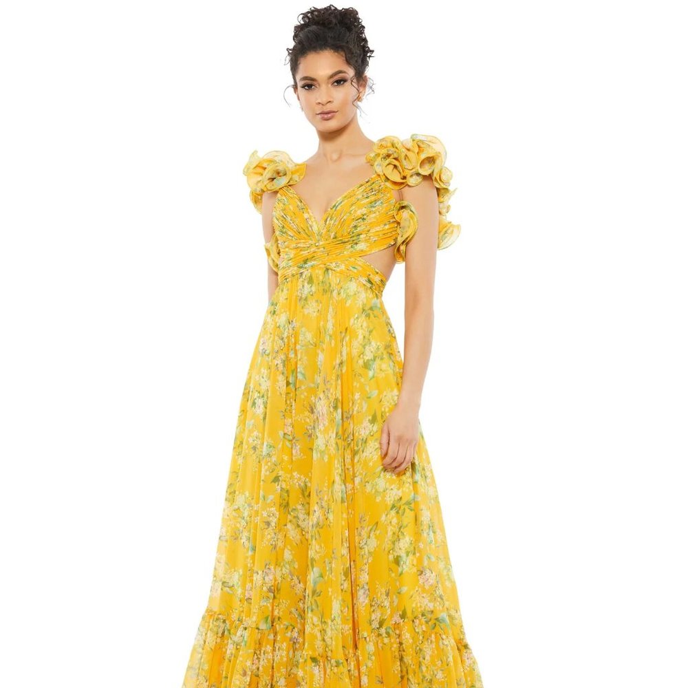 YELLOW RUFFLE TIERED FLORAL CUT-OUT CHIFFON GOWN - Like New